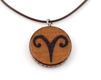 Aries Zodiac Sign Fire Element pendant necklace, Handmade woodburning pyrography art, Rustic Boho jewellery, Eco-friendly gift for her
