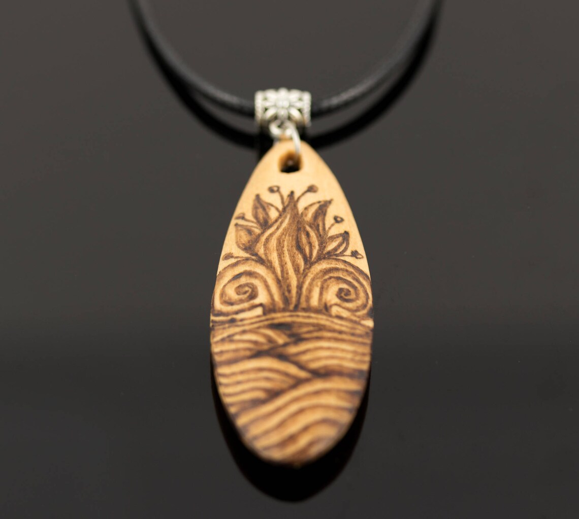 Wooden Pendant Necklace Handmade Wood Burning Art Etsy