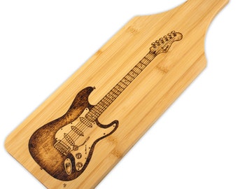 Fender Stratocaster guitar Bamboo Cutting Board, Handmade woodburning art, Kitchen farmhouse decor, Eco-friendly gift, Musician gift for son