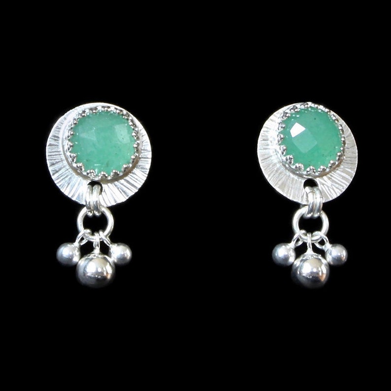 Pyrite Green Onyx Sterling Silver Stud Earrings with Faceted Gemstones and Silver Ball Dangles; Aquamarine Aventurine