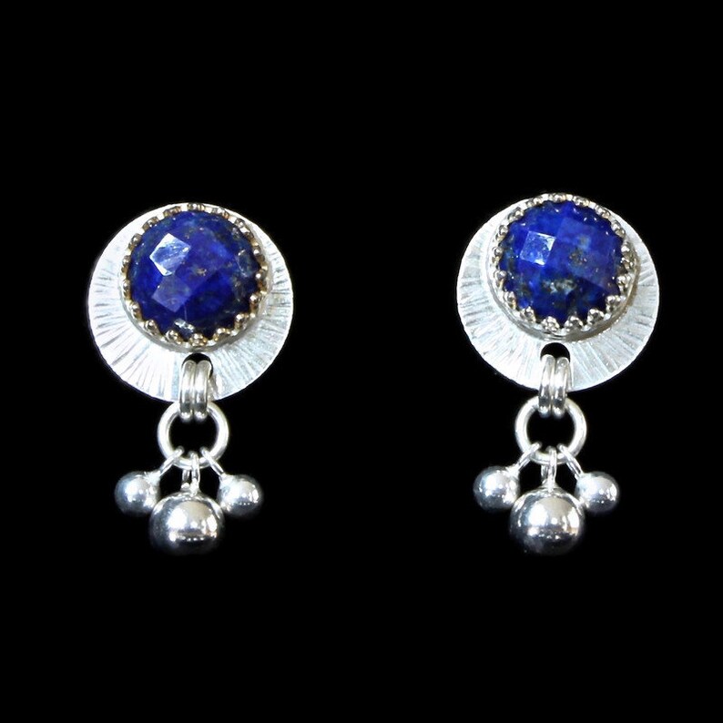 Pyrite Green Onyx Sterling Silver Stud Earrings with Faceted Gemstones and Silver Ball Dangles; Aquamarine Aventurine