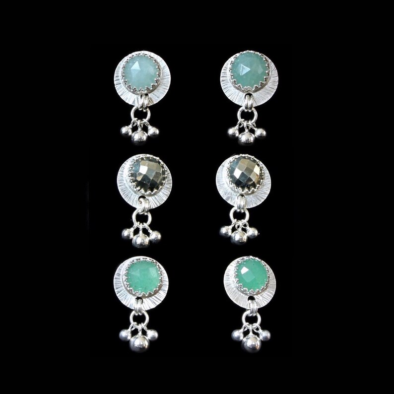 Pyrite Green Onyx Sterling Silver Stud Earrings with Faceted Gemstones and Silver Ball Dangles; Aquamarine Aventurine