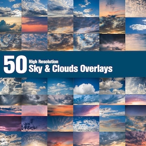Könnte beinhalten: Eine Collage aus 50 hochauflösenden Bildern von Himmel und Wolken. Die Bilder zeigen eine Vielzahl von Wolkenformationen, darunter fluffige weiße Wolken, dunkle Gewitterwolken und farbenfrohe Sonnenuntergänge.