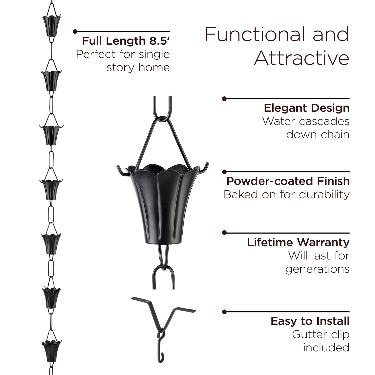 Fluted Flower Black Aluminum 8.5 Ft. Rain Chain With Gutter ...