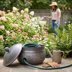 May include: A decorative bronze garden hose pot with a lid, filled with a green hose. A beige watering can and leather gloves sit nearby. A person waters flowers in the background.