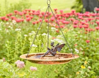 18" Hanging Fired Copper Bird Bath with Fairy Statue