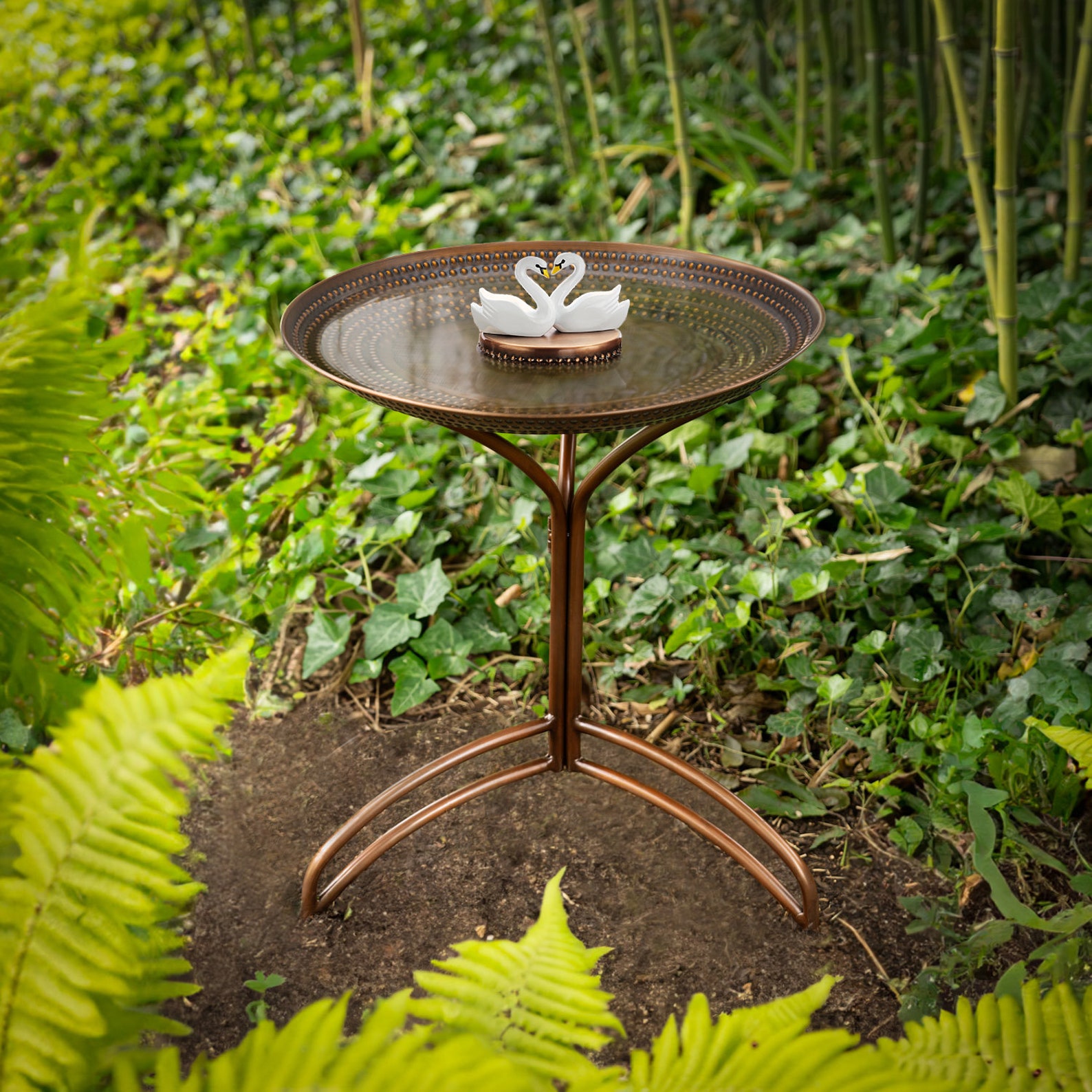 20" Bronze Copper Bird Bath with Swans