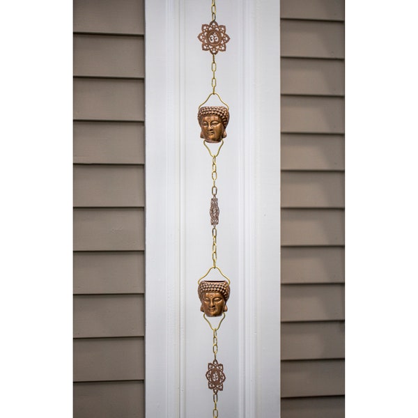 100% Pure Copper Buddha Head Rain Chain, 8-1/2 Feet Long, 12 Large Figures, Replaces Gutter Downspout