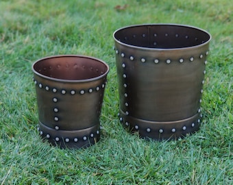 9" and 12" Riveted Bronze Planter Set of 2 for Outdoor or Indoor Use, Garden, Deck, and Patio