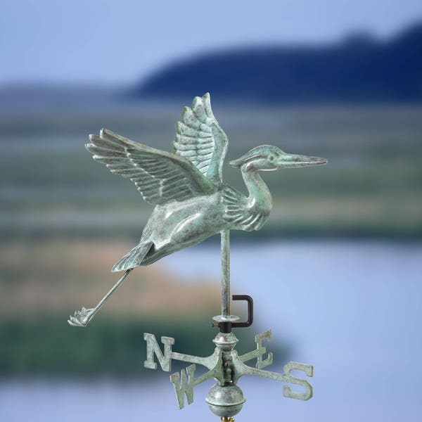 Blue Heron Weathervane - Blue Verde Copper with a Roof Mount or Garden Pole