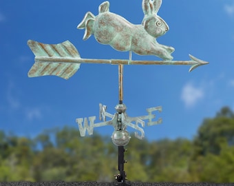Rabbit Weathervane - Blue Verde Copper with a Roof Mount or Garden Pole, by Good Directions