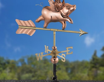 Flying Pig Weathervane - Pure Copper with a Roof Mount or Garden Pole