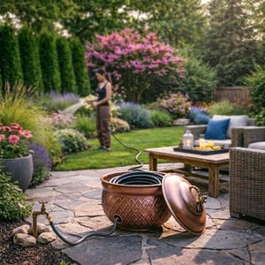 May include: A copper-colored garden hose pot with a diamond pattern and a matching lid. The lid is open, revealing a coiled black hose inside. A brass faucet and hose are connected to the pot. A person is watering a garden in the background.