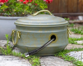 Sedona Hose Pot with Lid, Brass Accents, holds up to 100 Feet of Hose