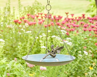18" Hanging Blue Verde Copper Bird Bath with Fairy Statue
