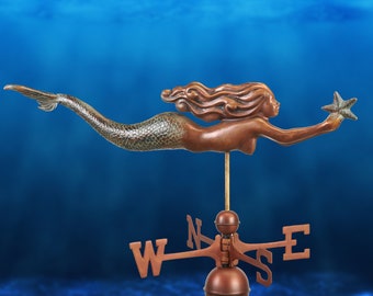 Mermaid with Starfish Weathervane -  Pure Copper Hand Finished Multi-Color Patina