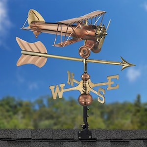 Biplane with Arrow Weathervane - Pure Copper with a Roof Mount or Garden Pole