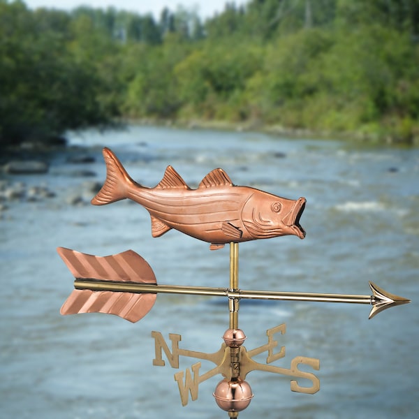 Bass with Lure and Arrow Weathervane - Pure Copper with a Roof Mount or Garden Pole