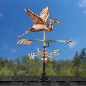 Blue Heron with Arrow Weathervane - Pure Copper with a Roof Mount or Garden Pole