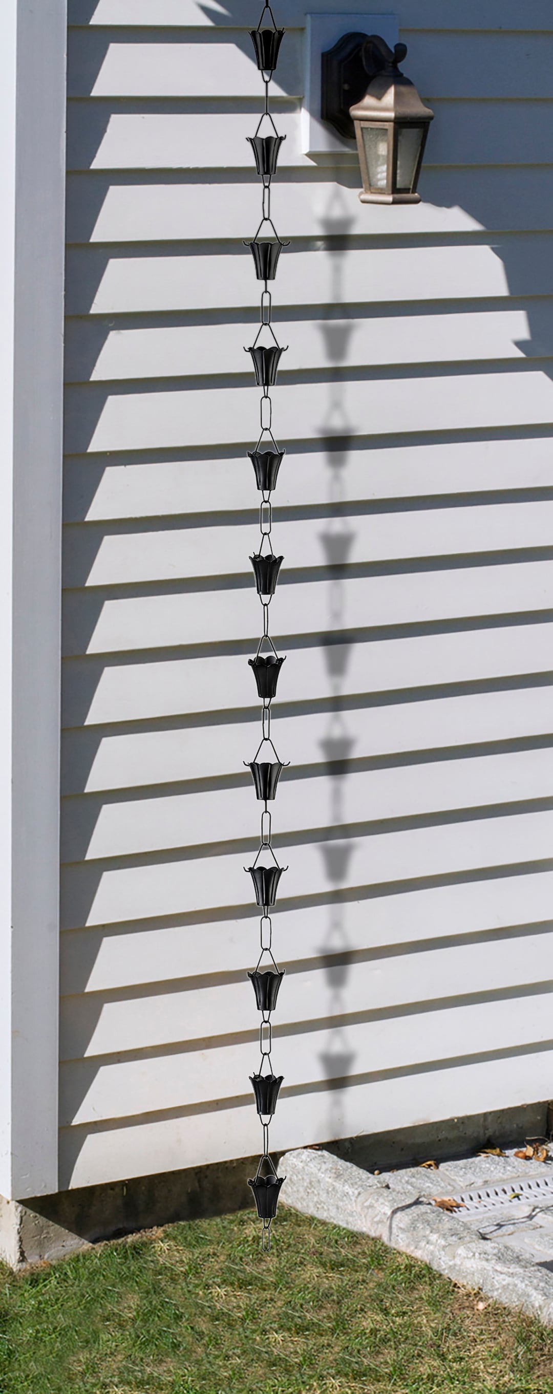 Fluted Flower Black Aluminum 8.5 Ft. Rain Chain With Gutter ...