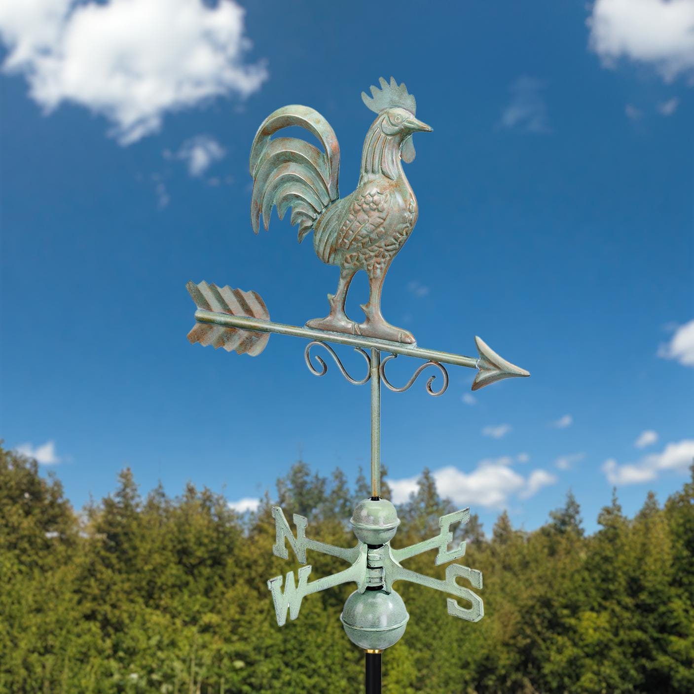 Veleta de cobre Bantam Rooster con soporte para techo - Acabado azul verdoso