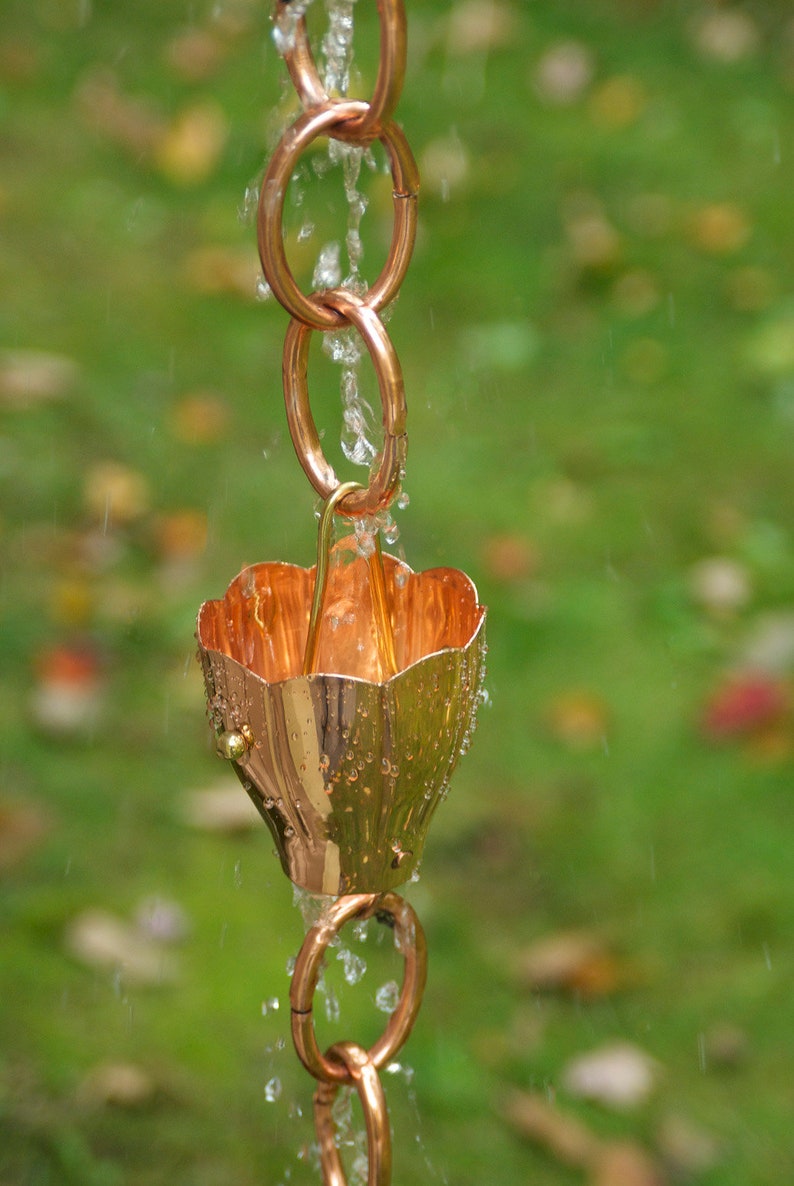 Good Directions 100% Pure Copper Crocus Rain Chain, 8-1/2 Feet Long, Large Cups, Replaces Gutter Downspout image 6