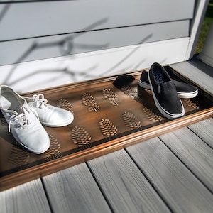 Dark Copper-Colored Metal Boot Tray with Embossed Tree of Life