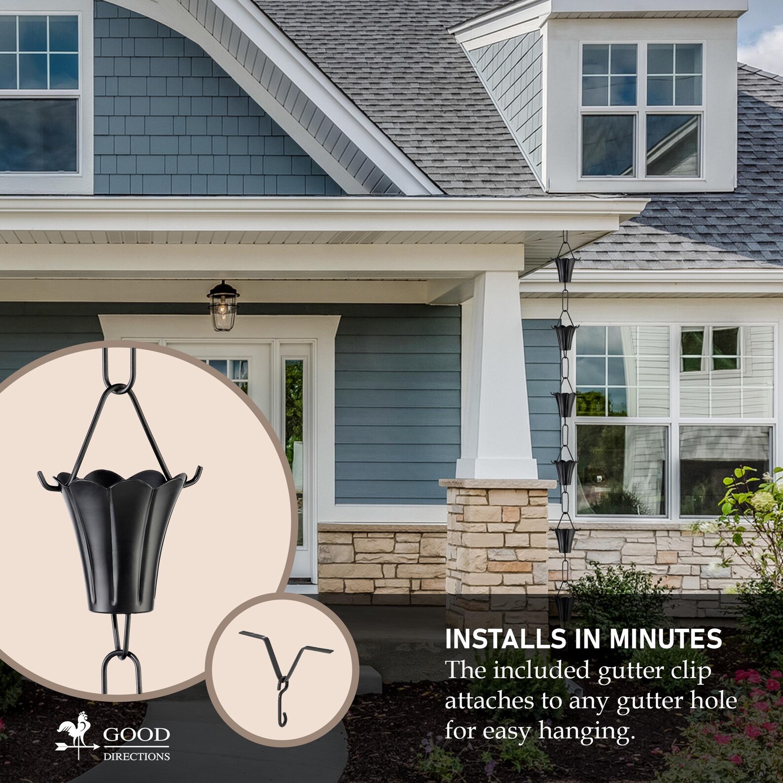 Fluted Flower Black Aluminum 8.5 Ft. Rain Chain With Gutter ...