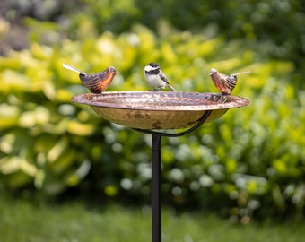 Pure Copper Bird Bath, Featuring Two Copper Birds, and a Multipronged Garden Pole