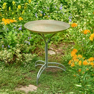May include: A green metal garden table with a round, copper-toned top. The table has a simple, elegant design and is perfect for outdoor entertaining.