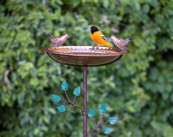 Pure Copper Bird Bath, Featuring Two Copper Birds, and a Tree Themed Multipronged Garden Pole