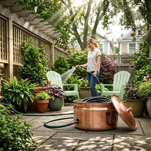 May include: A copper hose pot with a lid sits on a stone patio, with a green hose connected. A woman waters plants in a garden with green chairs and potted plants. A wooden fence and pergola are in the background.