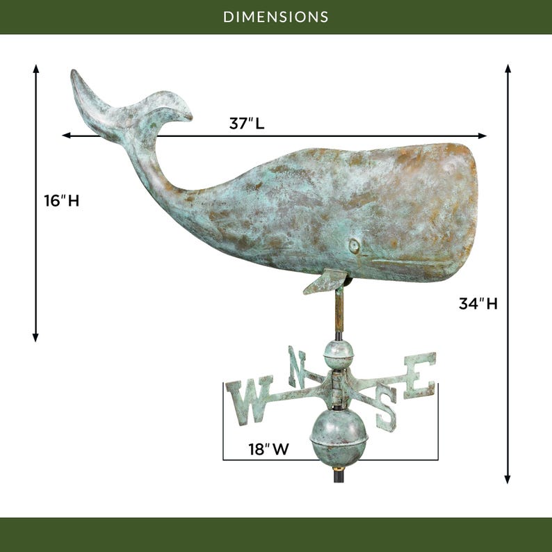 37" Whale Weathervane with Roof Mount - Blue Verde Copper image 3