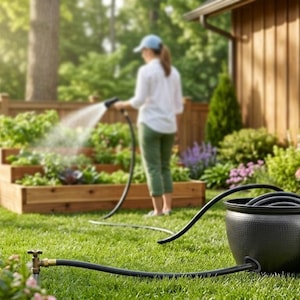May include: A black garden hose pot with an open lid sits on a green lawn. A black hose extends from the pot to a brass faucet. A person waters a raised garden bed with a hose. The garden bed is filled with plants and flowers.