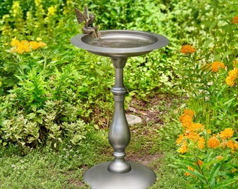 Classic Pewter Bird Bath Pedestal with Fairy Statue