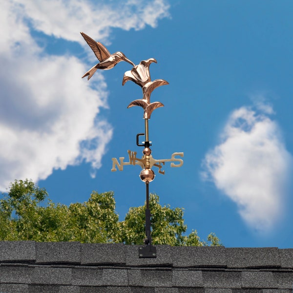 Hummingbird Weathervane - Pure Copper with a Roof Mount or Garden Pole