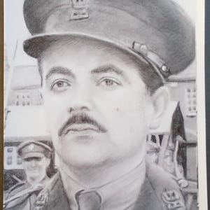 May include: Pencil drawing of a man in a military uniform and hat. The portrait is a close-up of the man's face, with a prominent mustache and a serious expression. Another figure in uniform is visible in the background.