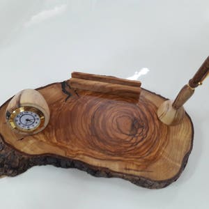 Handcrafted Office Tray, Olive Wood Pen Holder, Inlaid Watch, Business Card Holder