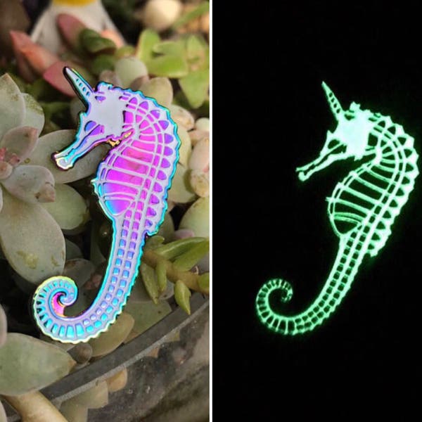 Rainbow Glow in the Dark Unicorn Seahorse Enamel Pin, cute, glow, skeleton