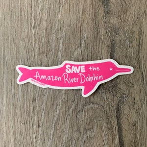 May include: Pink sticker with a cartoon pink river dolphin and the text "SAVE the Amazon River Dolphin" with the social media handle "@FINPALSHOP" in the bottom left corner.