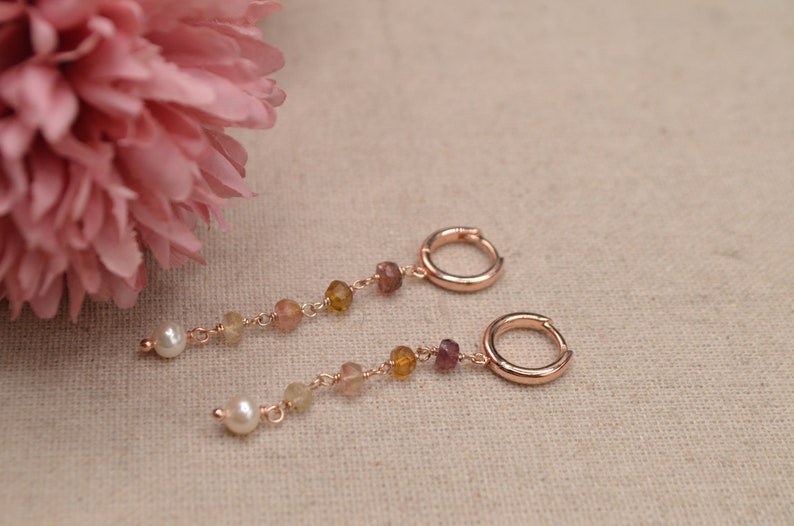 Dangle Earring With Tourmalines and Pearl, 18 Kt Rose Gold Plated 925 ...