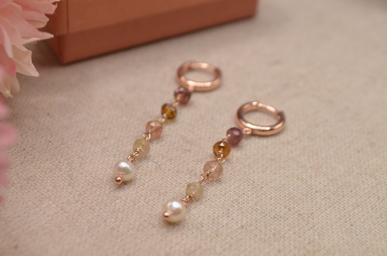 Dangle Earring With Tourmalines and Pearl, 18 Kt Rose Gold Plated 925 ...