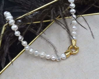 Collar de perlas blancas, 925 plata 18 kt chapado en oro, gargantilla de perlas, collar minimalista, perla blanca, regalo de novia, hecho a mano, Made Italy