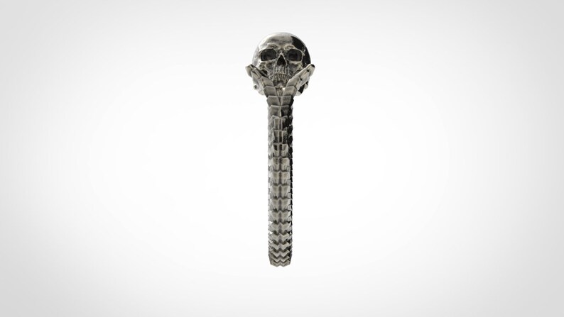 May include: A silver skull ring with a detailed design. The skull is holding its own head in its hands.
