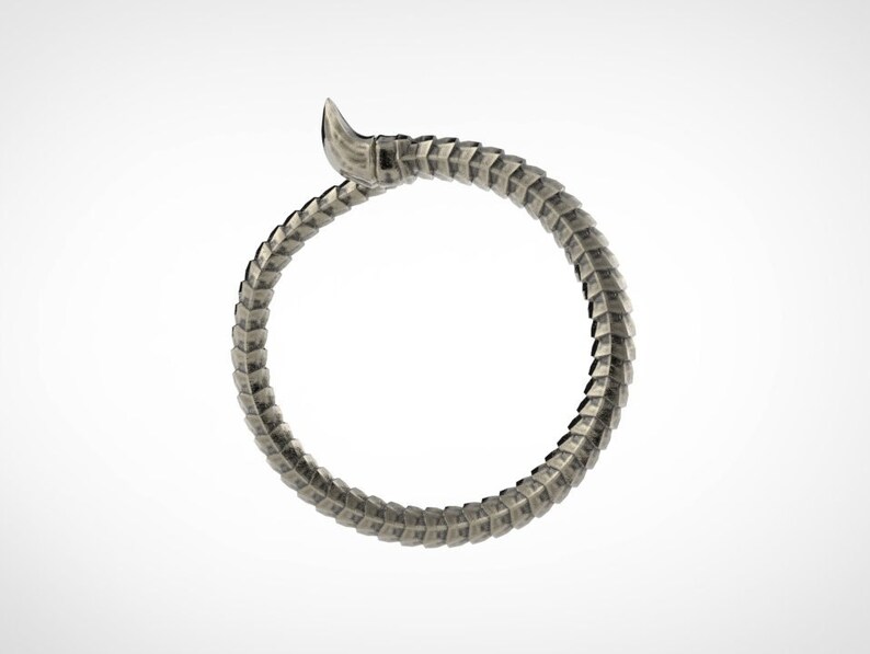May include: A silver-colored bracelet in the shape of a snake. The bracelet is made of interlocking, textured segments, with a raised head and a curved tail. The design is detailed and appears to be made of metal.