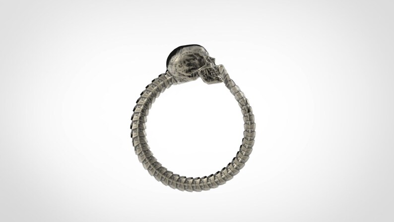 May include: A silver ring featuring a skull design. The ring is crafted from a skeletal design with a skull at the top.