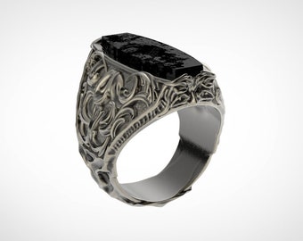 Baroque Black Agate Men's Silver Ring