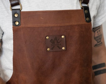 Personalized leather apron with leather straps for BBQ, kitchen, cafe, logo