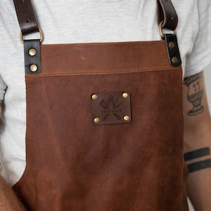 Personalized leather apron with leather straps for BBQ, kitchen, cafe, logo