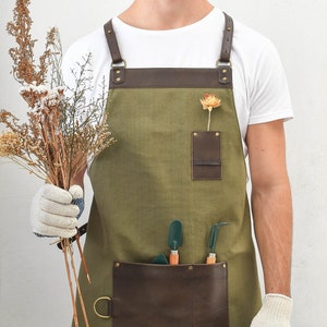 Leather Gardening Apron Crossback Garden Florist Gardener Apron Green